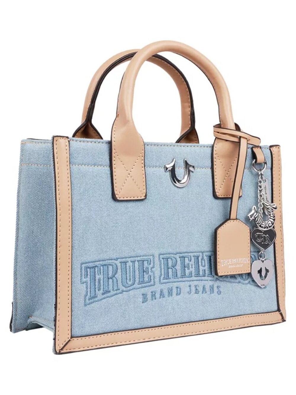 True Religion Denim & Tan Bombe Satchel Crossbody Handbag Charm Purse